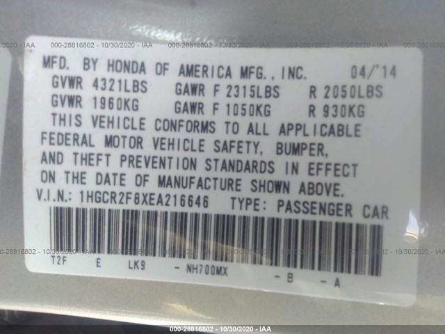 Photo 8 VIN: 1HGCR2F8XEA216646 - HONDA ACCORD SEDAN 