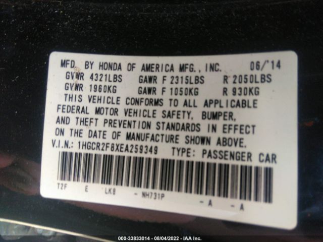 Photo 8 VIN: 1HGCR2F8XEA259349 - HONDA ACCORD SEDAN 