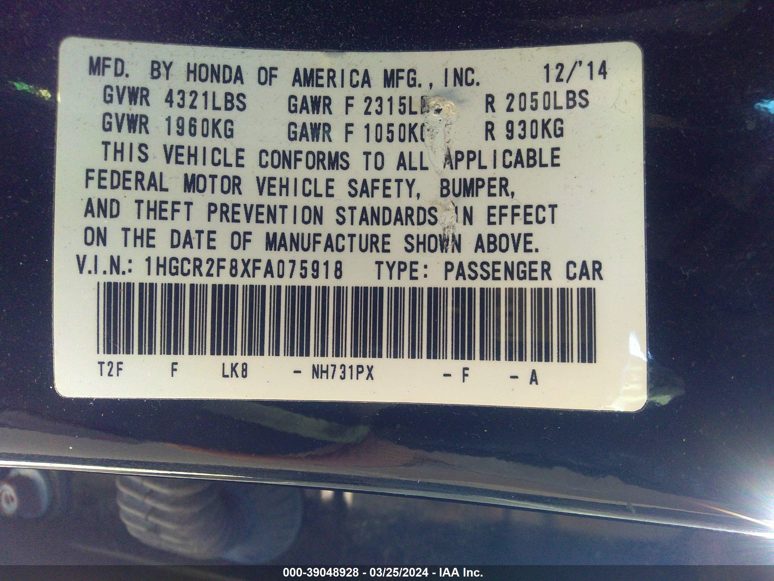 Photo 8 VIN: 1HGCR2F8XFA075918 - HONDA ACCORD 