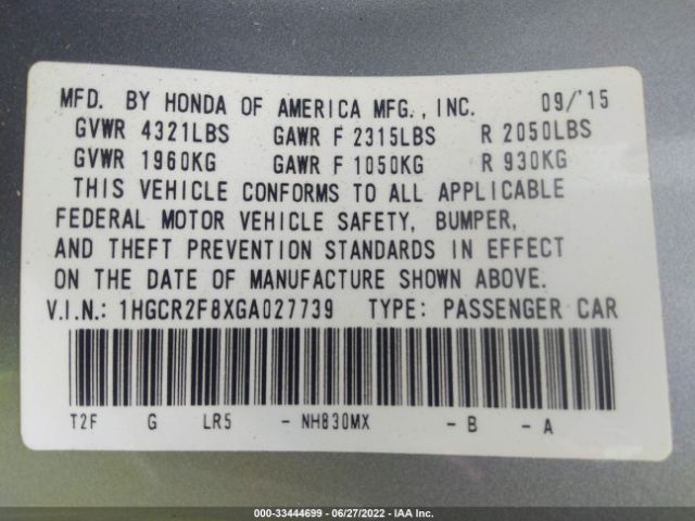 Photo 8 VIN: 1HGCR2F8XGA027739 - HONDA ACCORD SEDAN 