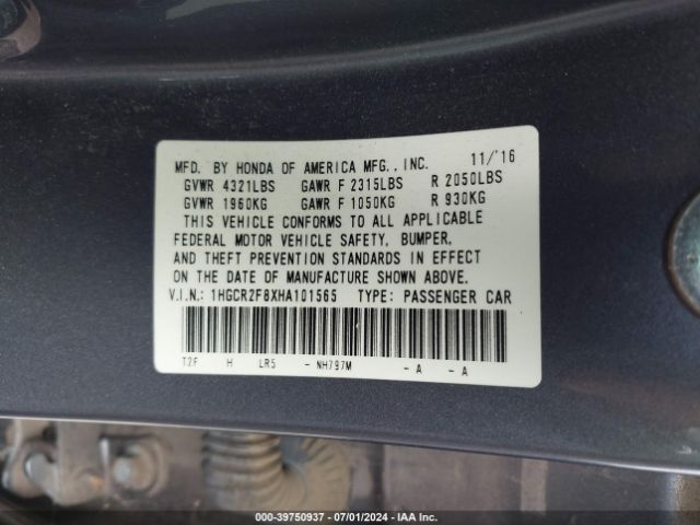 Photo 8 VIN: 1HGCR2F8XHA101565 - HONDA ACCORD 