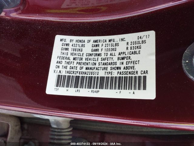 Photo 8 VIN: 1HGCR2F8XHA209510 - HONDA ACCORD 