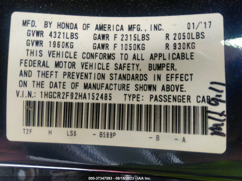 Photo 8 VIN: 1HGCR2F92HA152485 - HONDA ACCORD 