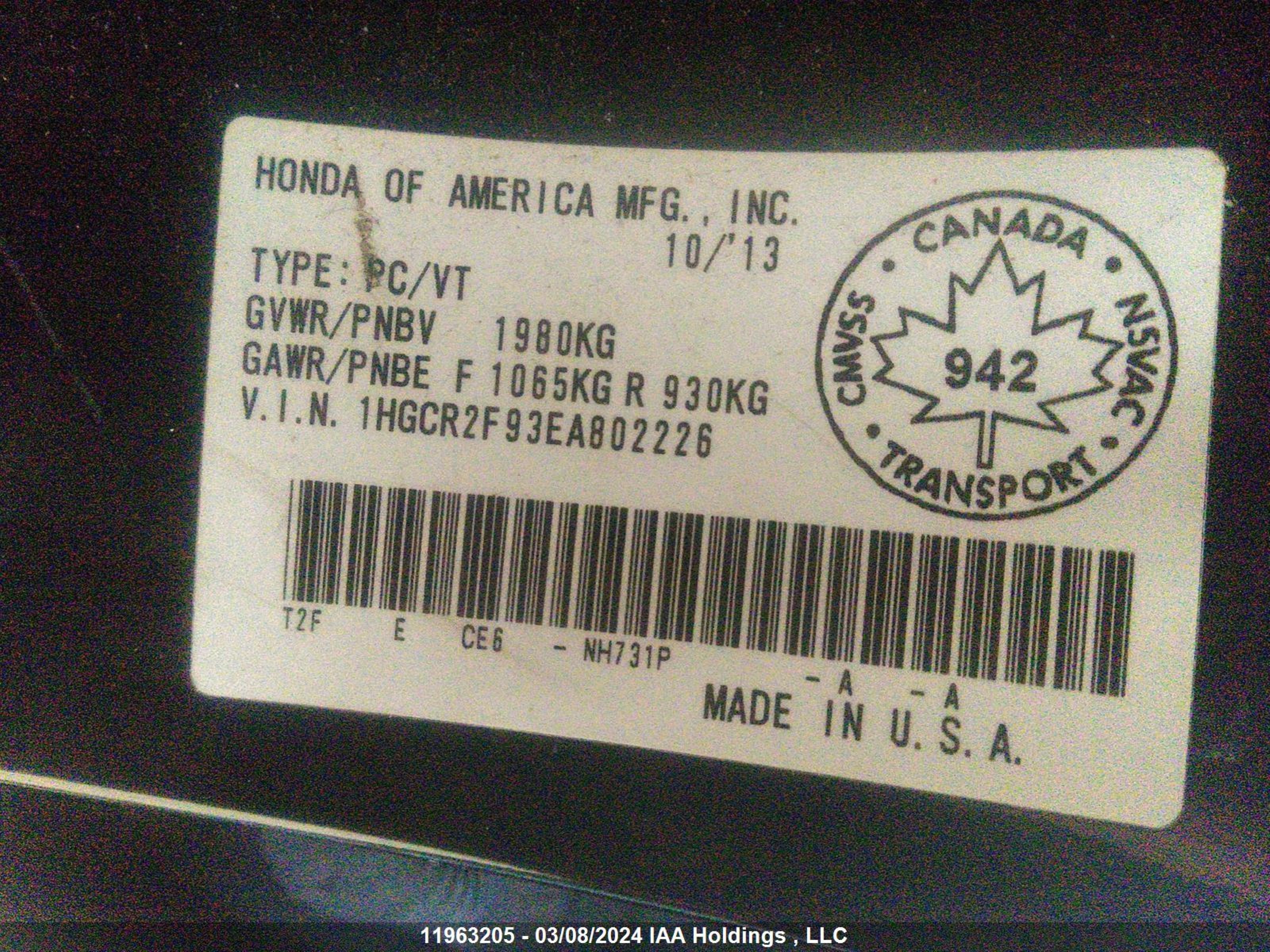 Photo 8 VIN: 1HGCR2F93EA802226 - HONDA ACCORD 