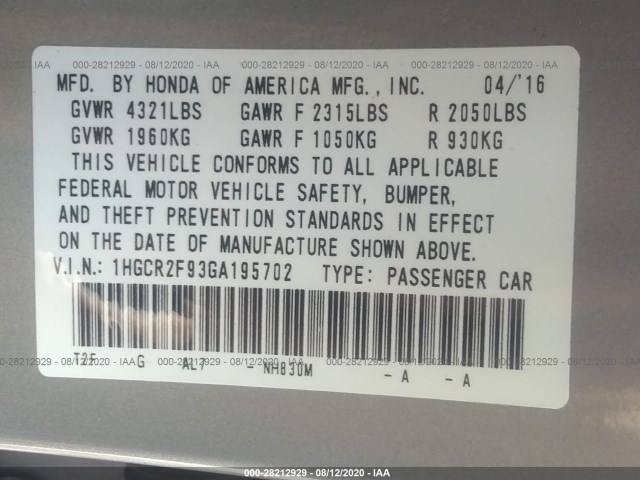 Photo 8 VIN: 1HGCR2F93GA195702 - HONDA ACCORD SEDAN 