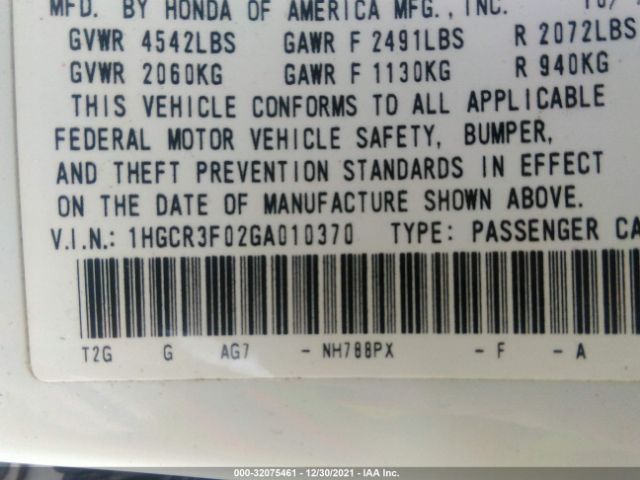 Photo 8 VIN: 1HGCR3F02GA010370 - HONDA ACCORD SEDAN 