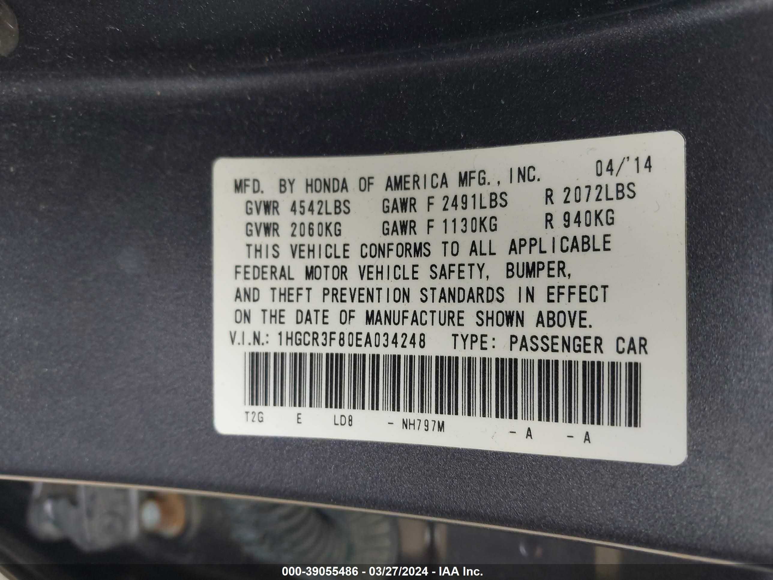 Photo 8 VIN: 1HGCR3F80EA034248 - HONDA ACCORD 