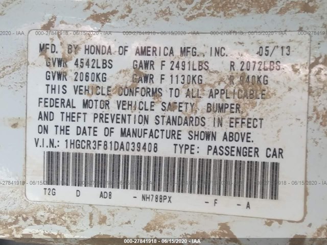 Photo 8 VIN: 1HGCR3F81DA039408 - HONDA ACCORD SDN 