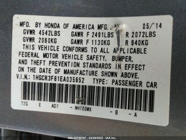 Photo 8 VIN: 1HGCR3F81EA035652 - HONDA ACCORD SEDAN 