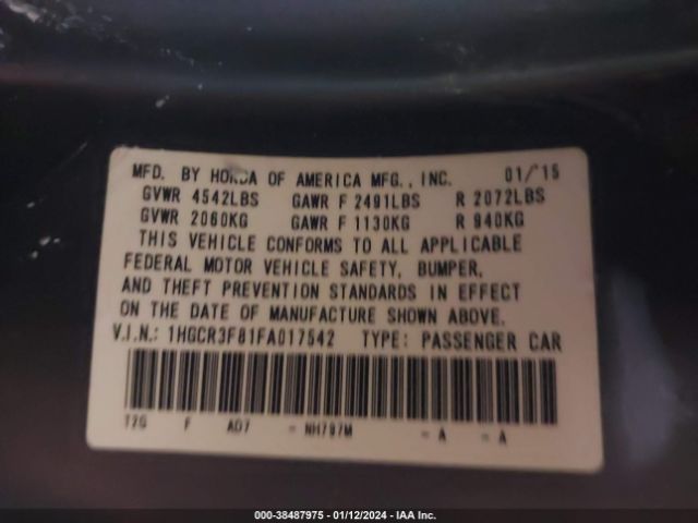 Photo 8 VIN: 1HGCR3F81FA017542 - HONDA ACCORD 