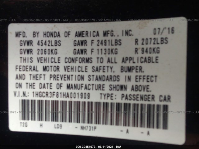 Photo 8 VIN: 1HGCR3F81HA001909 - HONDA ACCORD SEDAN 