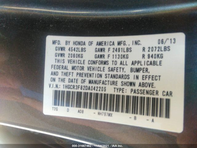 Photo 8 VIN: 1HGCR3F82DA042205 - HONDA ACCORD SDN 