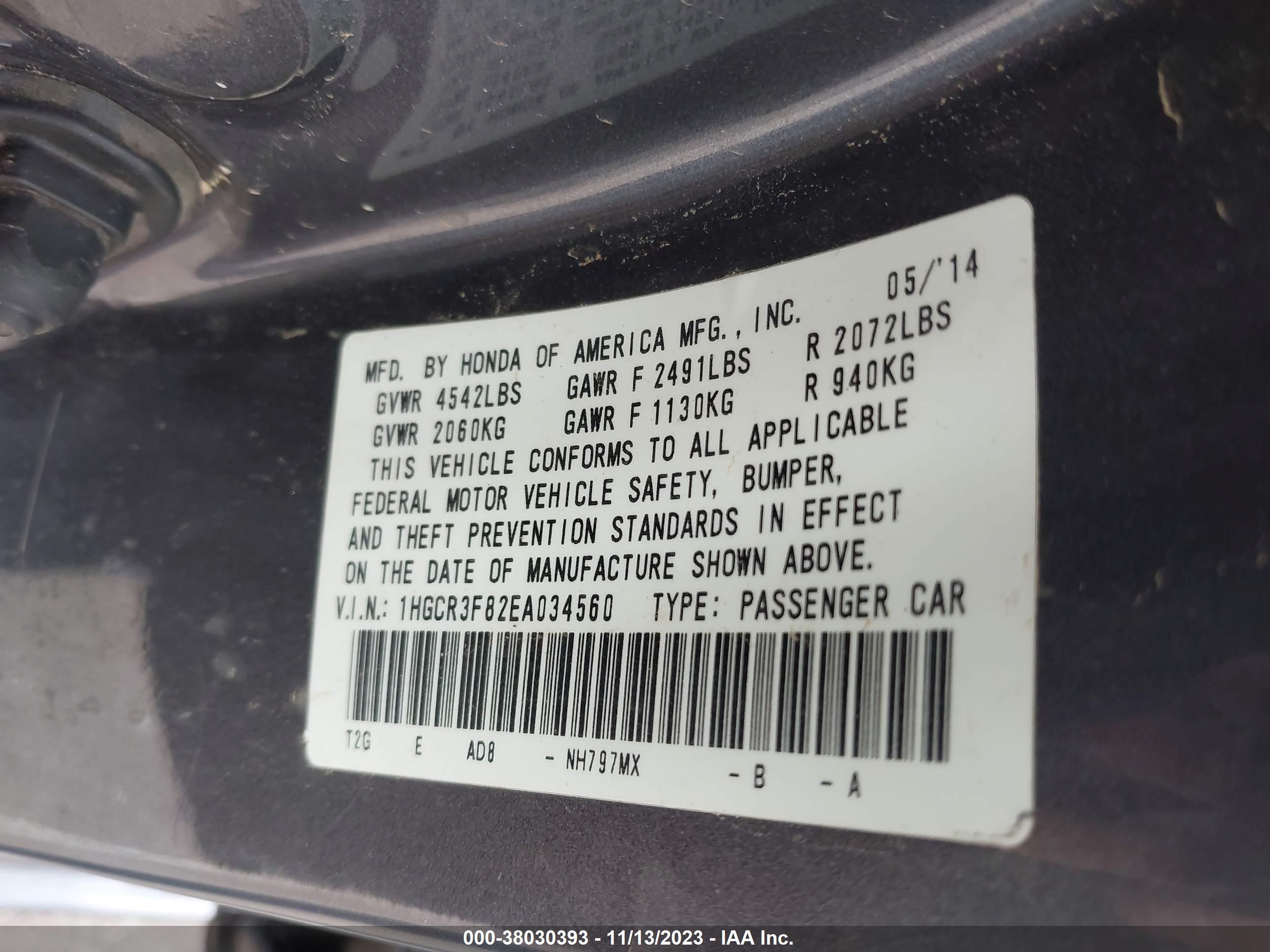 Photo 8 VIN: 1HGCR3F82EA034560 - HONDA ACCORD 