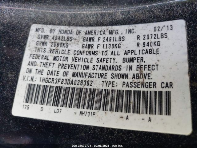 Photo 8 VIN: 1HGCR3F83DA028362 - HONDA ACCORD 