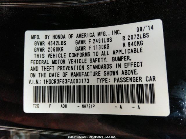 Photo 8 VIN: 1HGCR3F83FA003173 - HONDA ACCORD SEDAN 