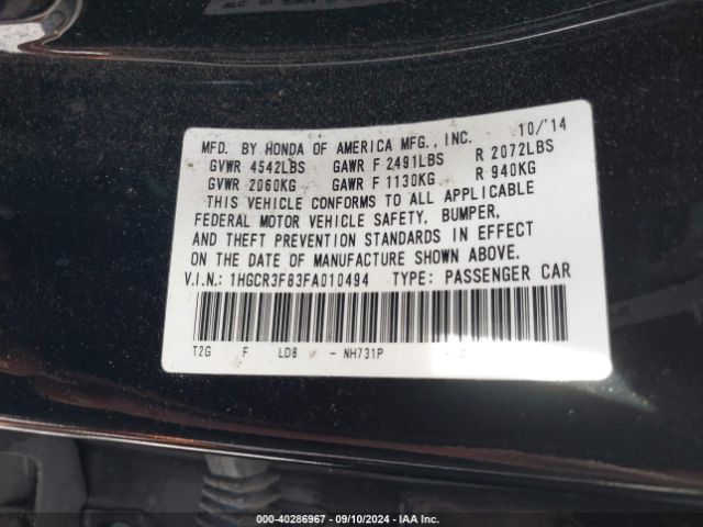 Photo 8 VIN: 1HGCR3F83FA010494 - HONDA ACCORD 