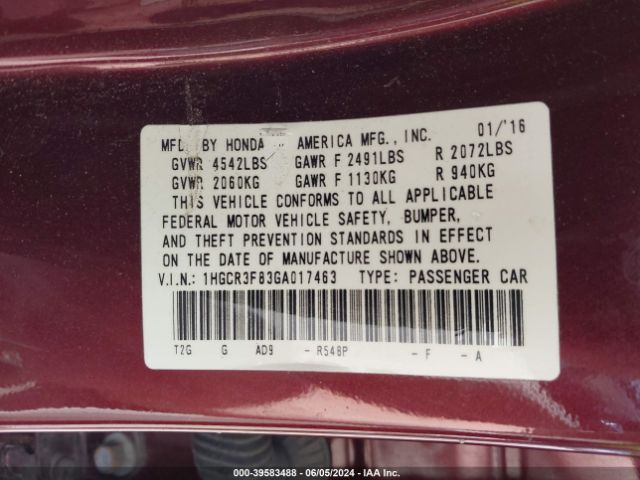 Photo 8 VIN: 1HGCR3F83GA017463 - HONDA ACCORD 