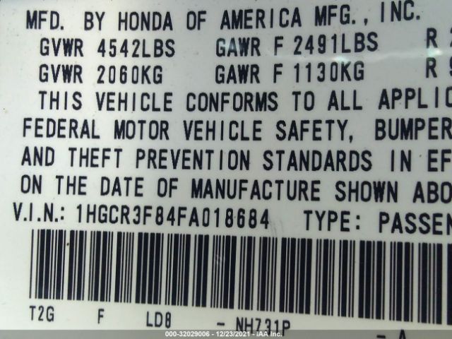 Photo 8 VIN: 1HGCR3F84FA018684 - HONDA ACCORD SEDAN 