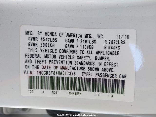 Photo 8 VIN: 1HGCR3F84HA017375 - HONDA ACCORD 