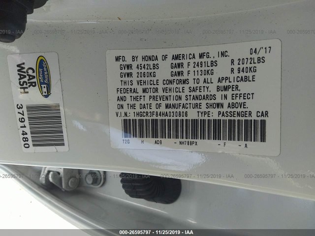 Photo 8 VIN: 1HGCR3F84HA030806 - HONDA ACCORD SEDAN 