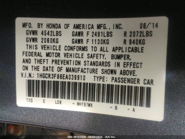 Photo 8 VIN: 1HGCR3F86EA039910 - HONDA ACCORD 