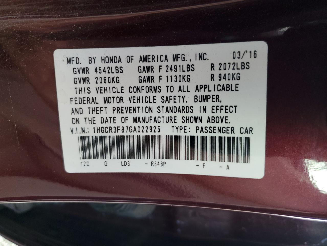 Photo 11 VIN: 1HGCR3F87GA022925 - HONDA ACCORD 