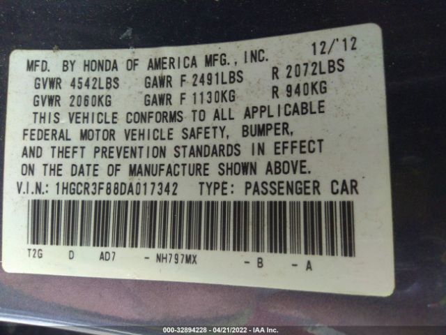 Photo 8 VIN: 1HGCR3F88DA017342 - HONDA ACCORD SDN 