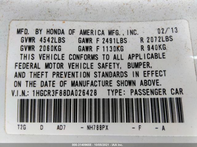 Photo 8 VIN: 1HGCR3F88DA026428 - HONDA ACCORD SDN 