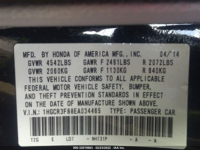 Photo 8 VIN: 1HGCR3F88EA034465 - HONDA ACCORD SEDAN 