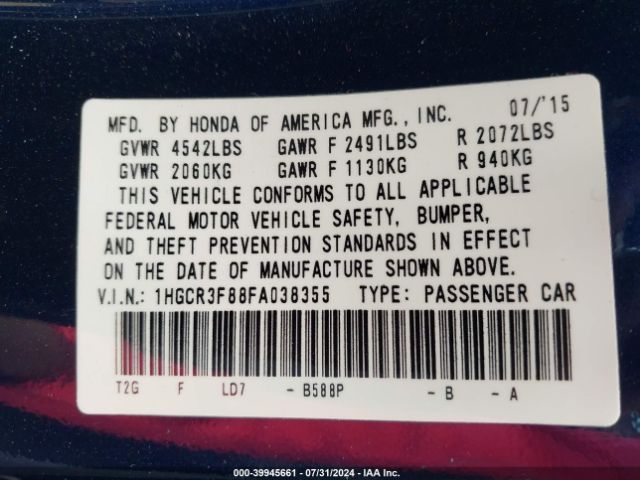 Photo 8 VIN: 1HGCR3F88FA038355 - HONDA ACCORD 