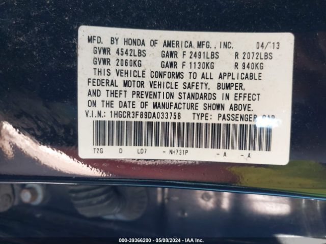 Photo 8 VIN: 1HGCR3F89DA033758 - HONDA ACCORD 