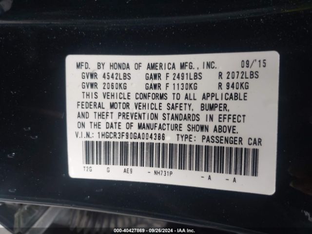 Photo 8 VIN: 1HGCR3F90GA004386 - HONDA ACCORD 