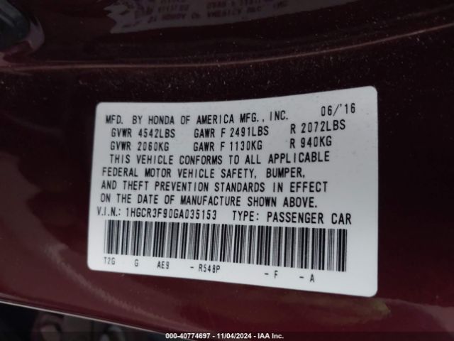 Photo 8 VIN: 1HGCR3F90GA035153 - HONDA ACCORD 