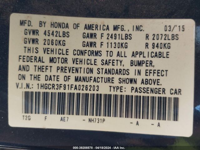 Photo 8 VIN: 1HGCR3F91FA026203 - HONDA ACCORD 