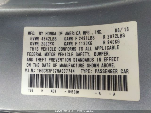 Photo 8 VIN: 1HGCR3F92HA007744 - HONDA ACCORD SEDAN 