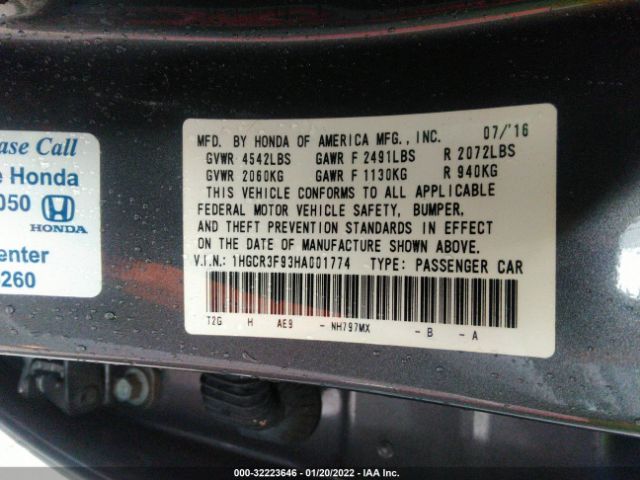 Photo 8 VIN: 1HGCR3F93HA001774 - HONDA ACCORD SEDAN 