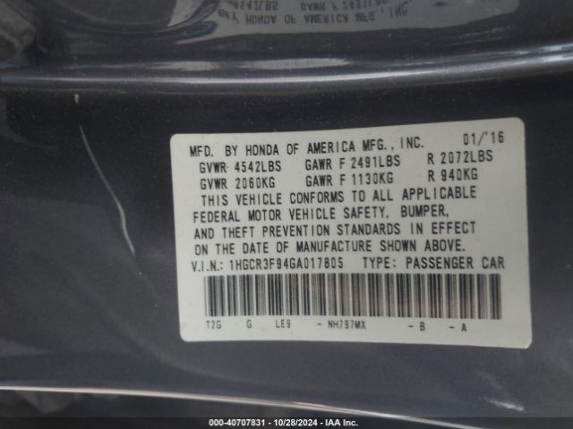 Photo 8 VIN: 1HGCR3F94GA017805 - HONDA ACCORD 