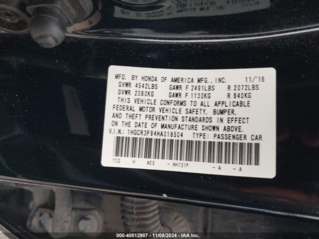 Photo 8 VIN: 1HGCR3F94HA018504 - HONDA ACCORD 