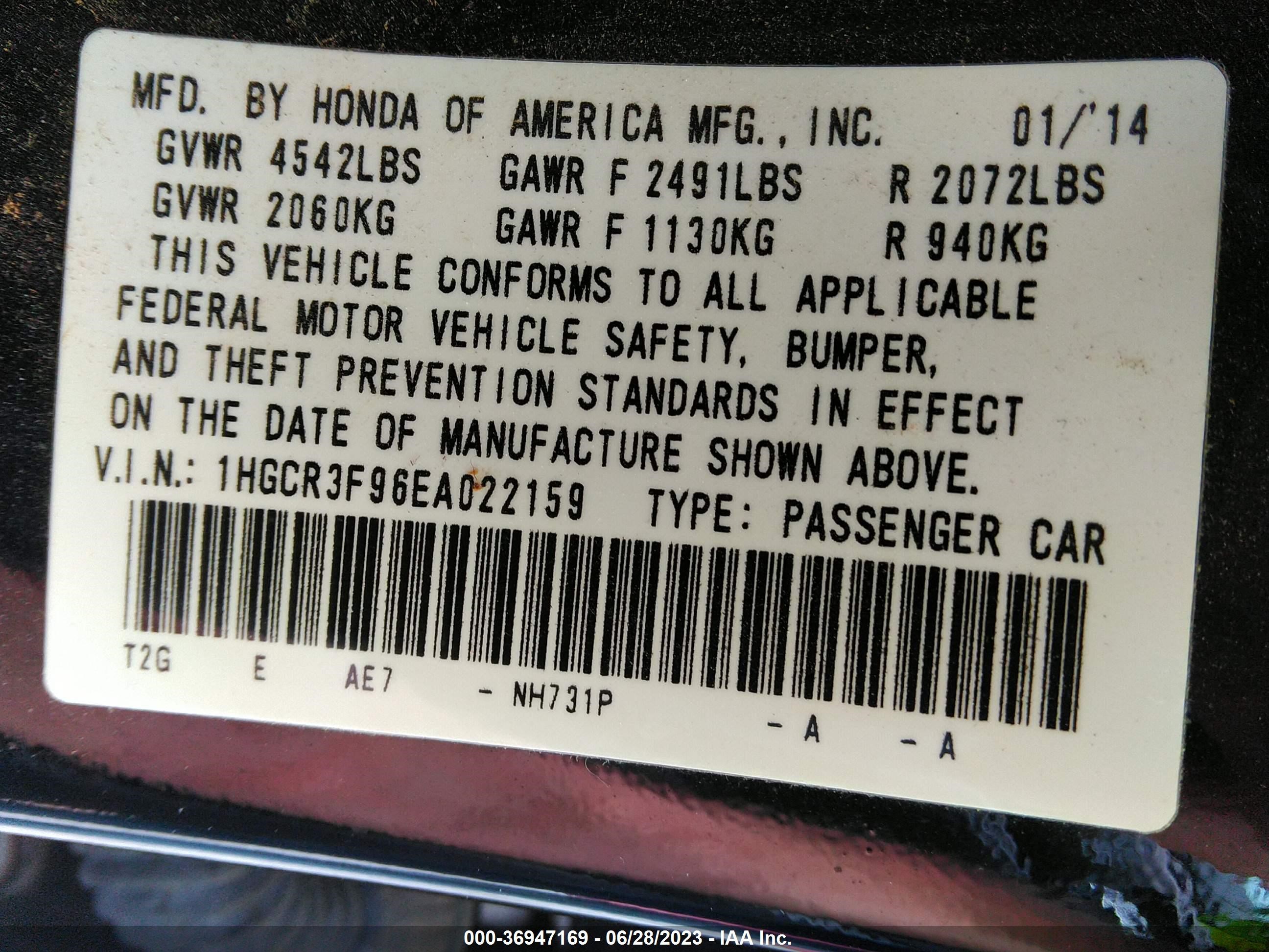 Photo 8 VIN: 1HGCR3F96EA022159 - HONDA ACCORD 