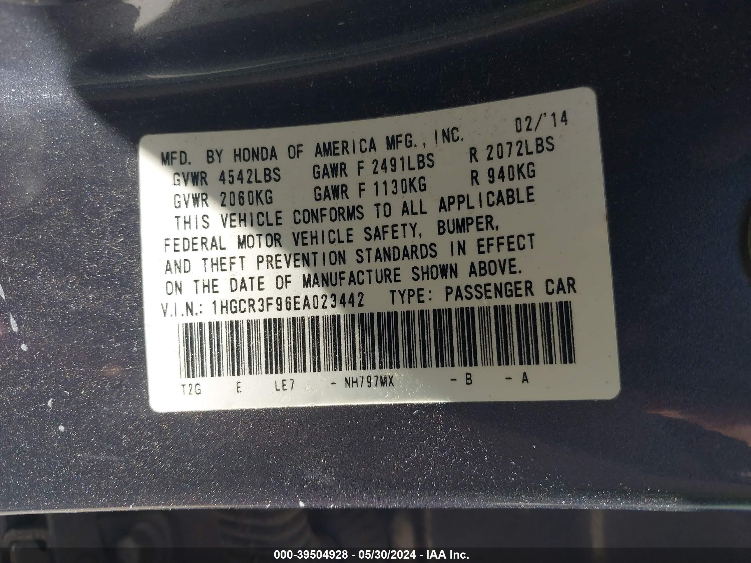 Photo 8 VIN: 1HGCR3F96EA023442 - HONDA ACCORD 