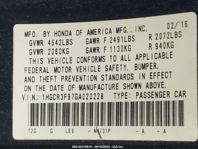 Photo 8 VIN: 1HGCR3F97GA020228 - HONDA ACCORD 