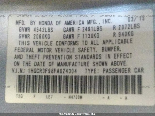 Photo 8 VIN: 1HGCR3F98FA024304 - HONDA ACCORD SEDAN 