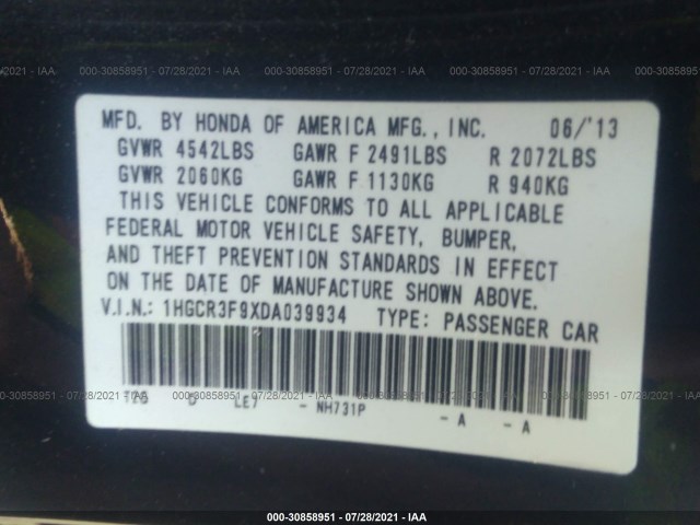 Photo 8 VIN: 1HGCR3F9XDA039934 - HONDA ACCORD SDN 