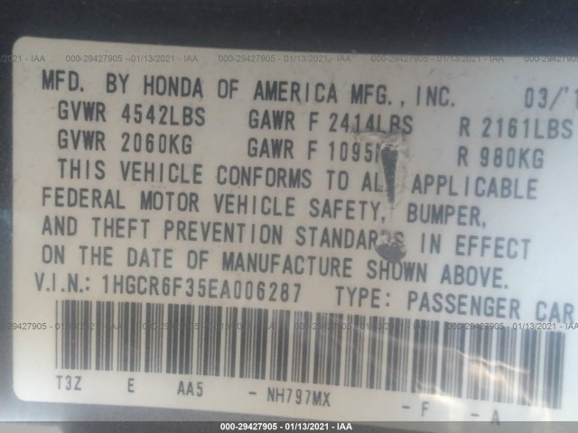 Photo 8 VIN: 1HGCR6F35EA006287 - HONDA ACCORD 