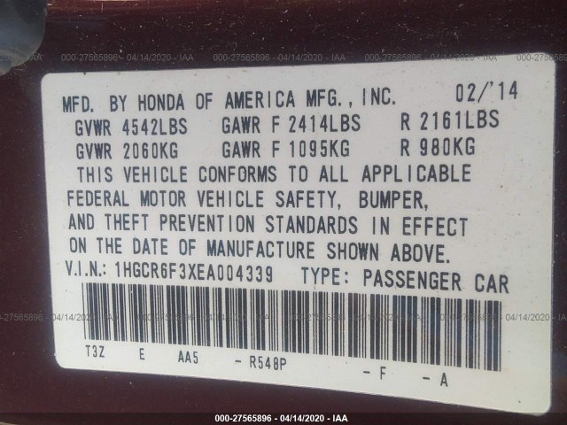 Photo 8 VIN: 1HGCR6F3XEA004339 - HONDA ACCORD HYBRID 