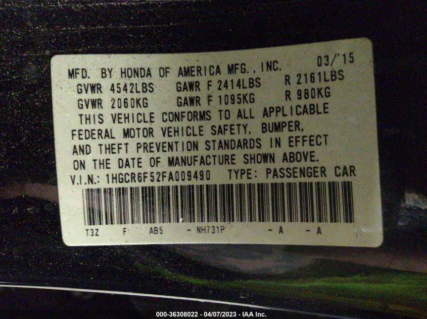 Photo 8 VIN: 1HGCR6F52FA009490 - HONDA ACCORD 