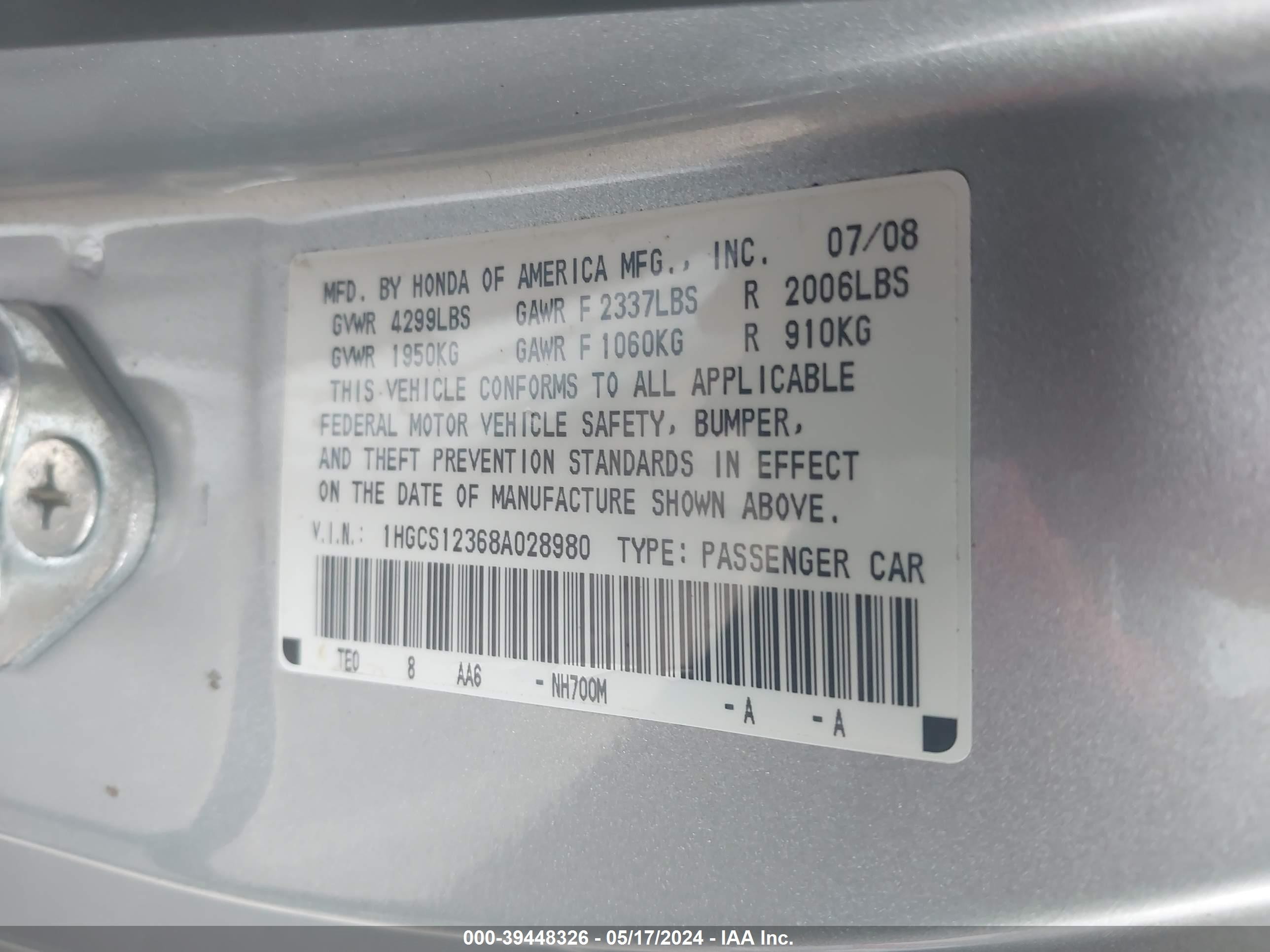 Photo 8 VIN: 1HGCS12368A028980 - HONDA ACCORD 