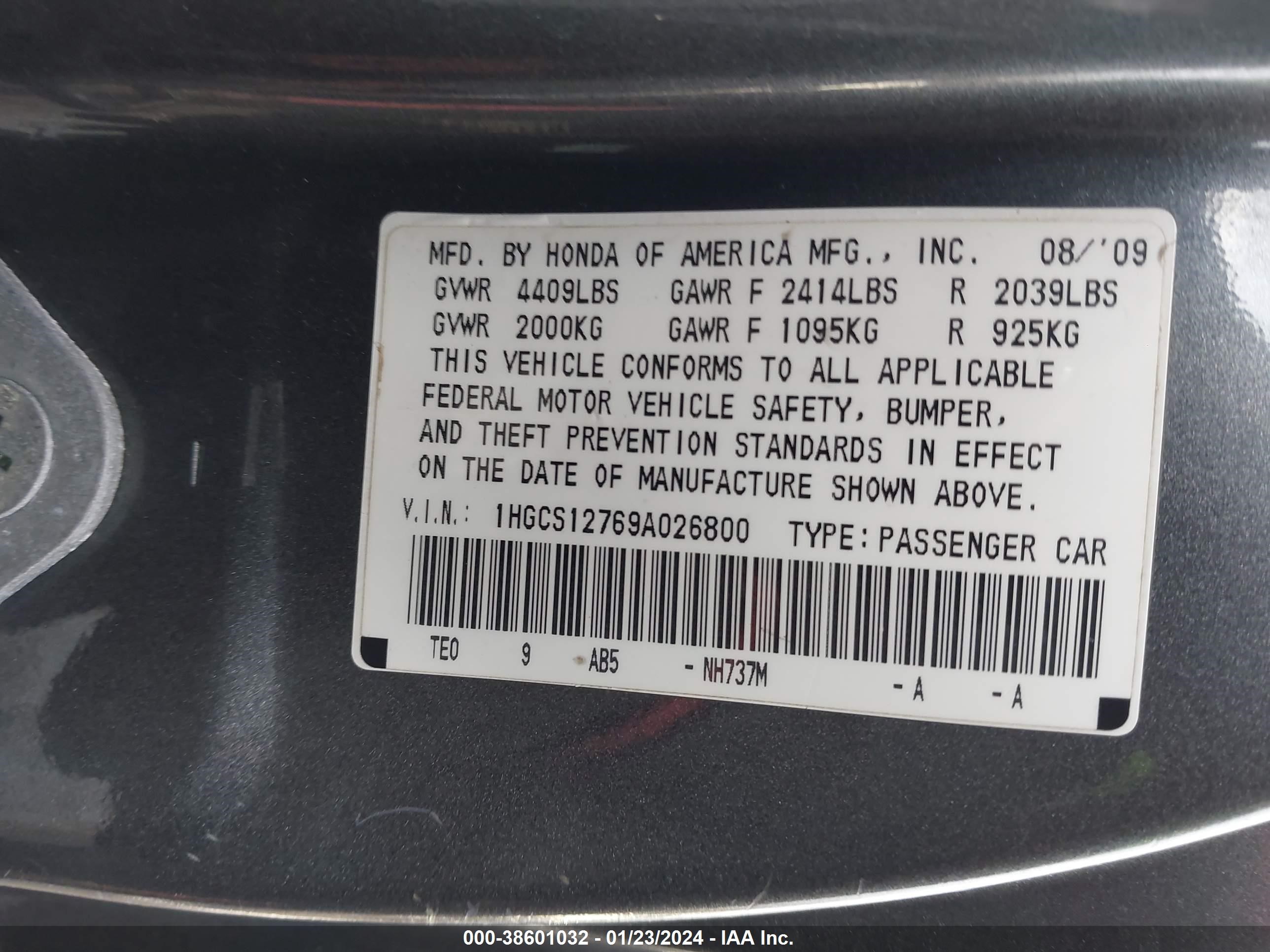 Photo 8 VIN: 1HGCS12769A026800 - HONDA ACCORD 