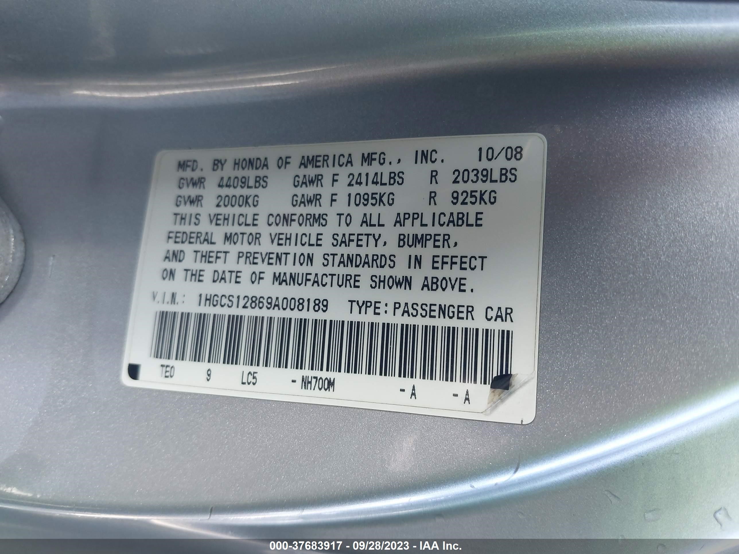 Photo 8 VIN: 1HGCS12869A008189 - HONDA ACCORD 