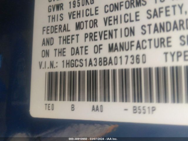 Photo 8 VIN: 1HGCS1A38BA017360 - HONDA ACCORD 